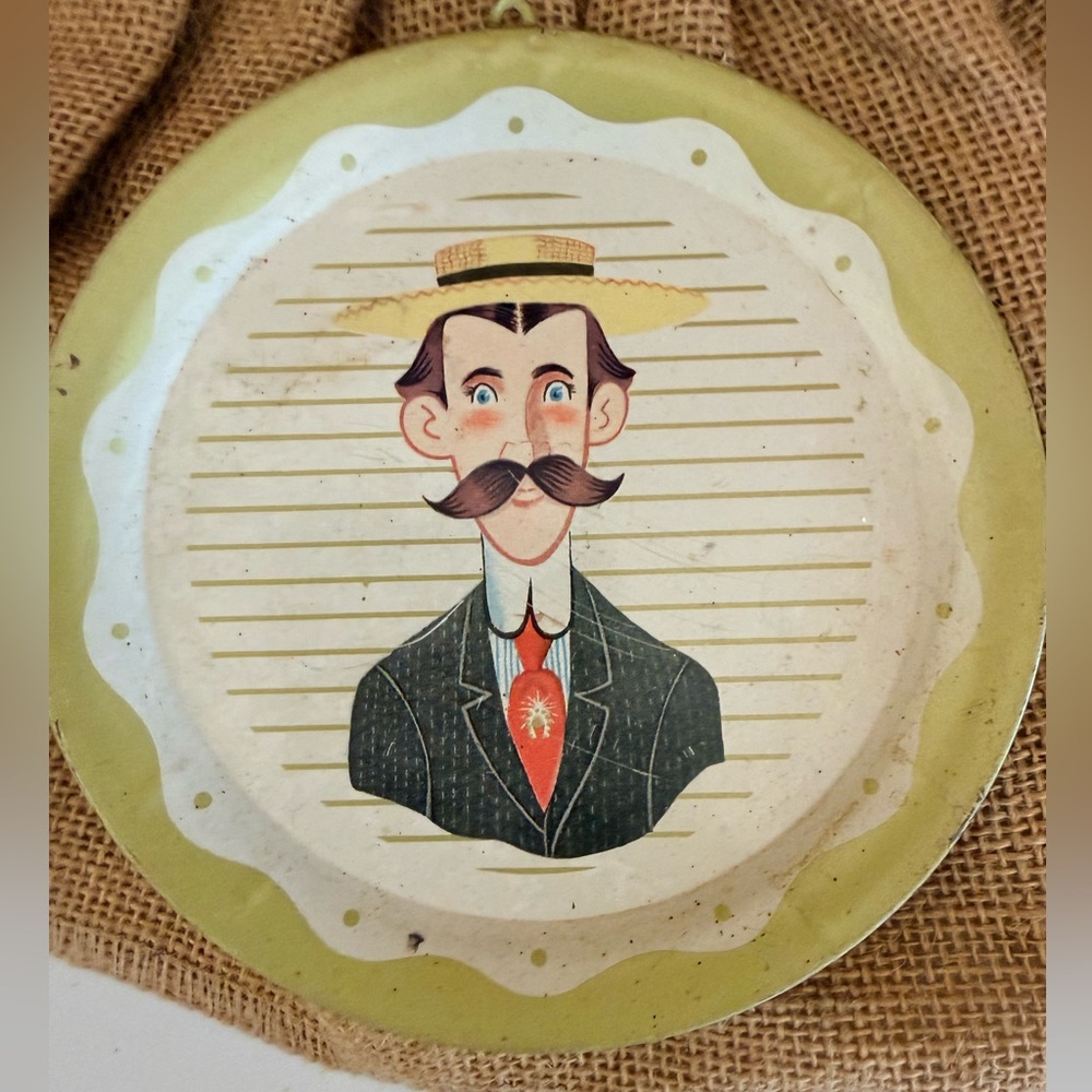vintage decorative tin litho wall hanging plate Ragtime Style Man with mustache